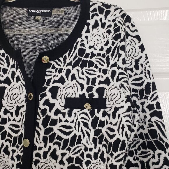 Karl Lagerfeld Floral Cardigan 3/4 Sleeves Knit Sweater Womens Size Medium - Picture 2 of 13